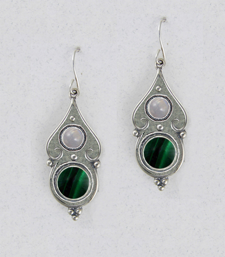 Sterling Silver Malachite And Rainbow Moonstone Gemstone Drop Dangle Earrings